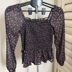 Francesca's Collections Black and Pink Floral Blouse
